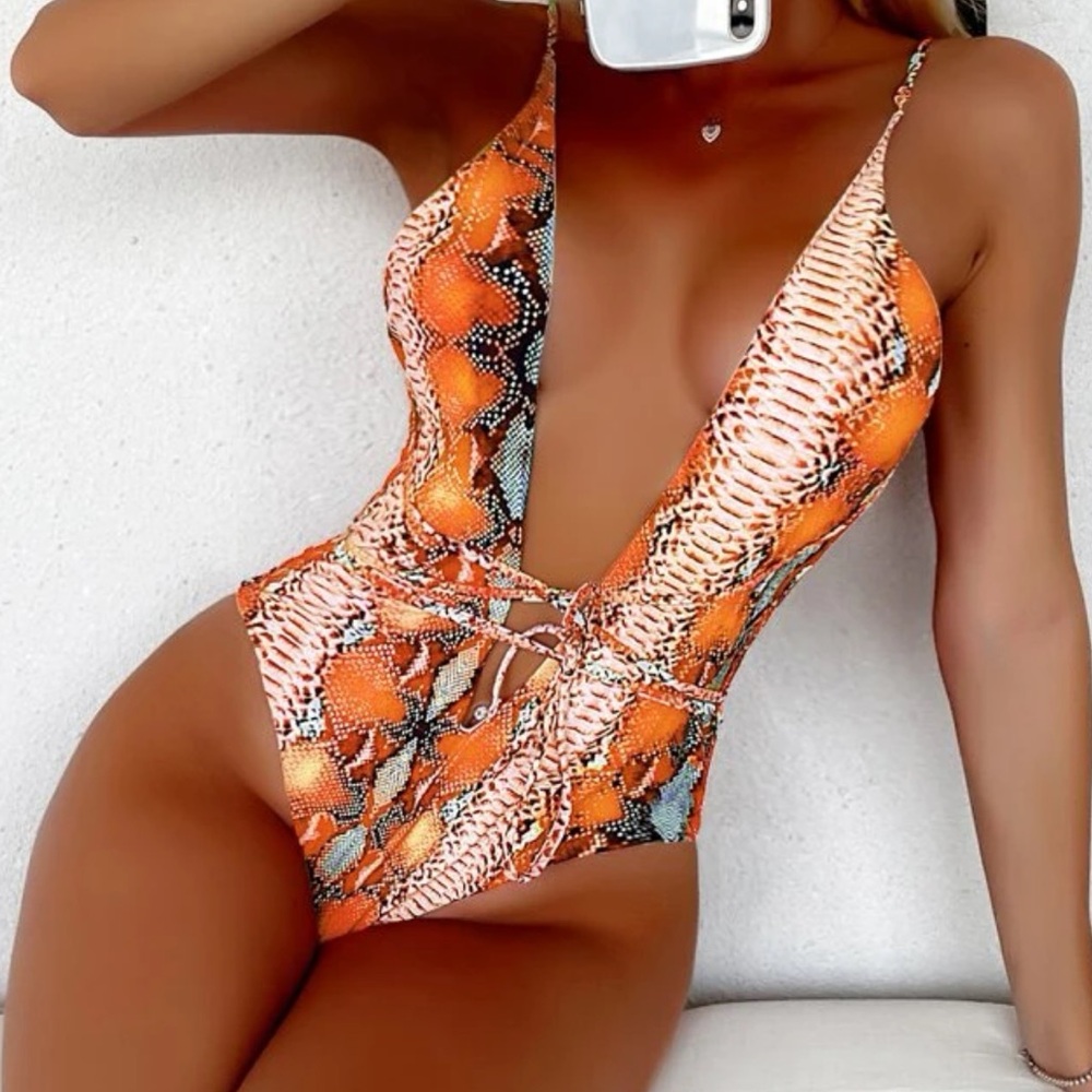 Snakeskin print one piece swimsuit